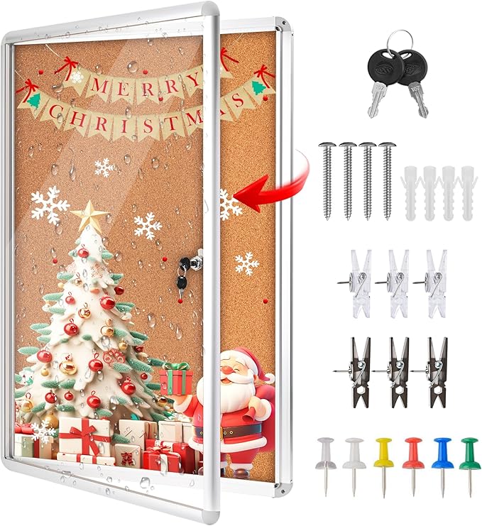 36"x24" Enclosed Cork Bulletin Board Tamper-Proof Dispaly Case,Brown Fabric&Aluminium Frame,Shatter Resistant Lockable Bulletin Board with Clear Acrylic Door for School,Office,Mall,Community,Hospital