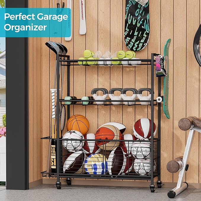 Large Garage Sports Equipment Organizer with Wheels, 3-Tier Ball Storage Rack for Basketballs, Soccer Balls & Sports Gear, Outdoor Sports Organizer with Bat Holder & Hooks, Toy Storage Bin