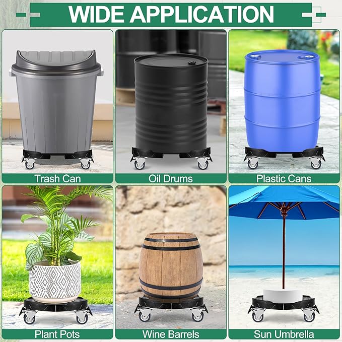 ToLanbbt Trash Can Dollies with Wheels, 15-19 in Adjustable Round Furniture Dollies Heavy Duty 440 LBS Drum Rolling Base Keg Carts for 20, 32, 44, 55 Gallon Garbage Cans, Black, 2 PCS