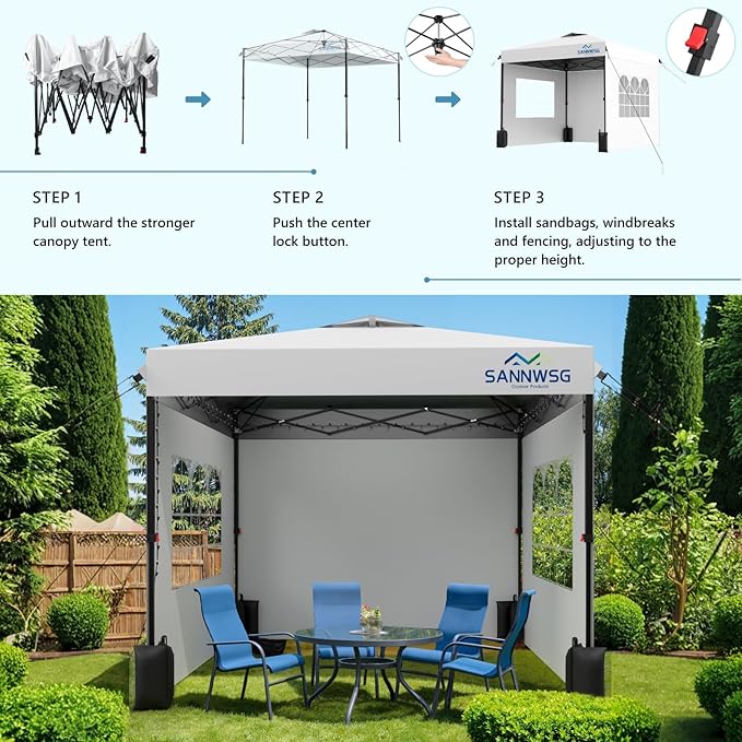 8X8 Pop Up Canopy Tent with 3 Sidewalls,Easy Up Canopy,Commercial Instant Shelter,Heavy Duty One Person Set Up Event Tent,White