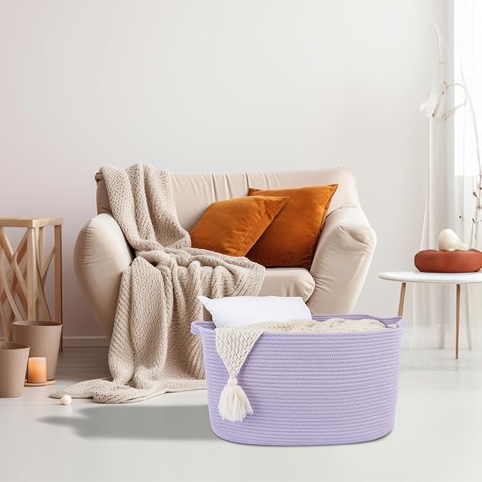 Large Rectangle Blankets Basket Living Room 22"x17"x12" Woven Cotton Rope Storage Baskets for Nursery Toy Basket for Kids Wicker Laundry Baskets Bin for Clothes Towels purple or Lavendor