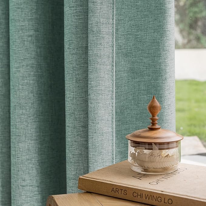Textured Linen Double Pleats 100% Blackout Curtains for Bedroom/Living Room Blackout Curtains 108 Inches Long, Energy Saving Window Treatment Curtains,120Wx108Lx2,Green