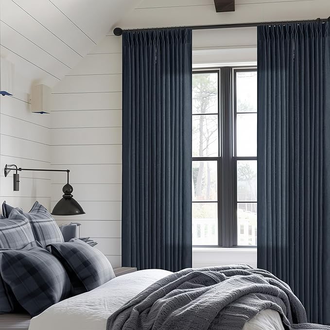Navy 90 Inch Linen Curtains Pinch Pleated for Living Room Bedroom Dining Boho Modern Light Filtering Pinch Pleat Drapes Hooks Rings Back Tab Semi Sheer Dark Blue Indigo Window Curtains 2 Panels