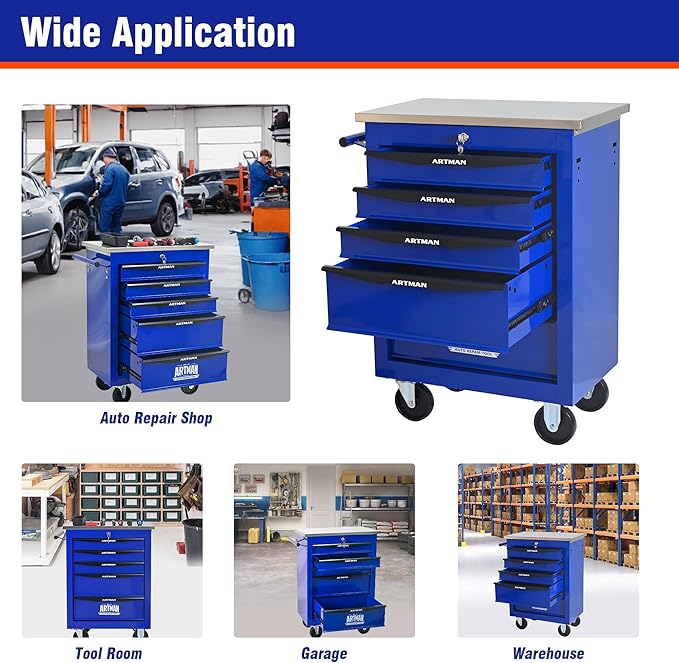 5 Drawers Tool Cart on Wheels with Stainless Steel Worktop, Heavy Duty Mobile Rolling Drawer Tool Chest with Locking Wheels & Lockable Drawers, Garage Tool Storage Cabinet (Blue, 5 Drawers)