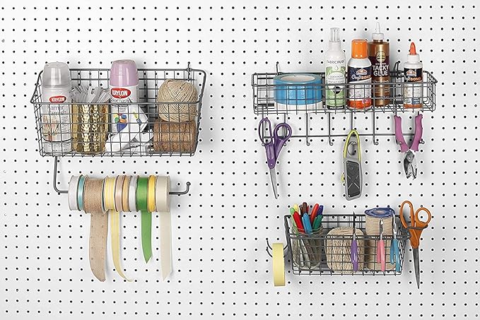 Spectrum Pegboard & Wall Mount Wire Basket With 8-Hook Station (Industrial Gray) - Storage & Organizer For Garage, Tools, Shed, Home, Work Bench, Crafts, & More