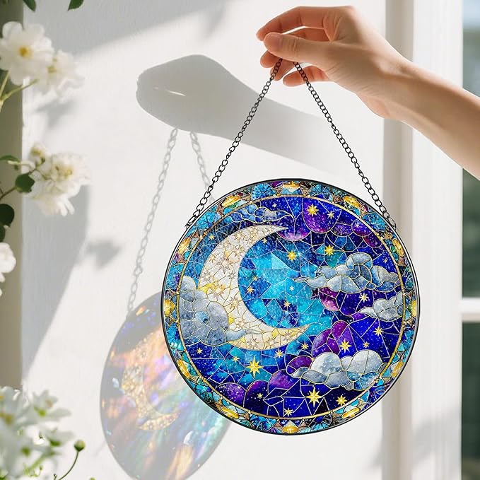 8-Inch Moon and Star Stained Glass Ornament, Stained Glass Window Hanging, Window Hanging Decor Suncatcher, Night Sky Ornament | Holiday, Mother’s Day, Housewarming | Gifts for Friend & Family