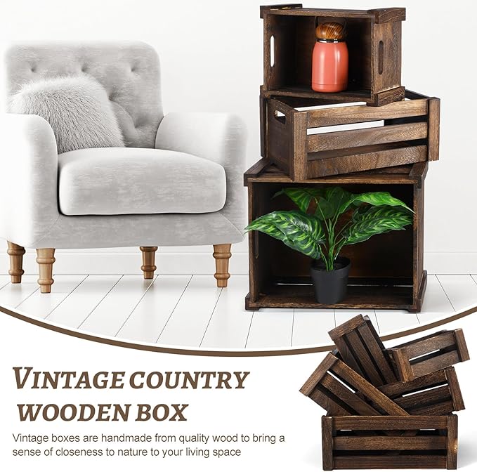 Barydat Set of 5 Wood Crates for Display Decorative Nesting Wooden Crate Storage with Handles Vintage Farmhouse Style Decorative Boxes Multipurpose Fruits Vegetables Boxes(Dusty Brown,Rustic)