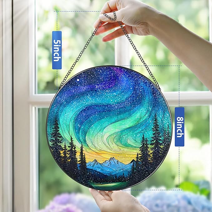 Stained Glass Window Hanging - 8 Inch Northern Lights Suncatcher for Window Doors Home Decoration, Valentine's Day Mother's Day Christmas Birthday Gifts for Women, Men, and Mom Grandma