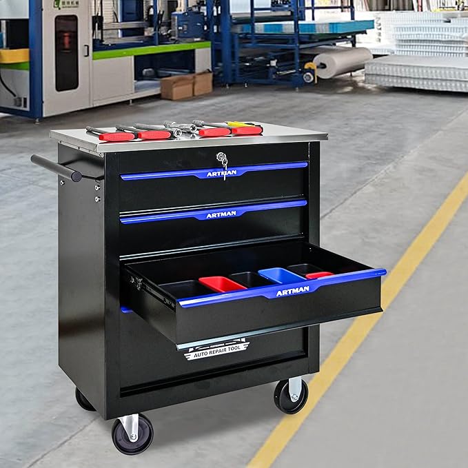 4 Drawer Rolling Tool Chest with Locker, 25.9" D Metal Movable Lockable Tool Cart Box Multi-Functional Hardware Storage Cabinet Box for Warehouse Basement Home Pantry Garage
