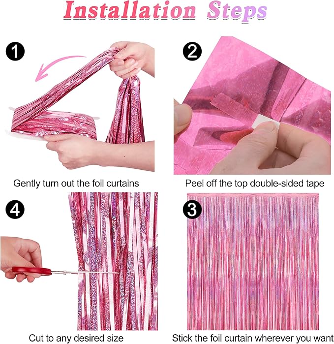 8 Pack Pink Backdrop, 3.28 FT x 7.05 FT Fringe Curtains, Metallic Glitter Pink Fringe Party Streamer Foil Curtains Tinsel Backdrop, Pink Decorations Bachelorette Valentines Day Party Supplies