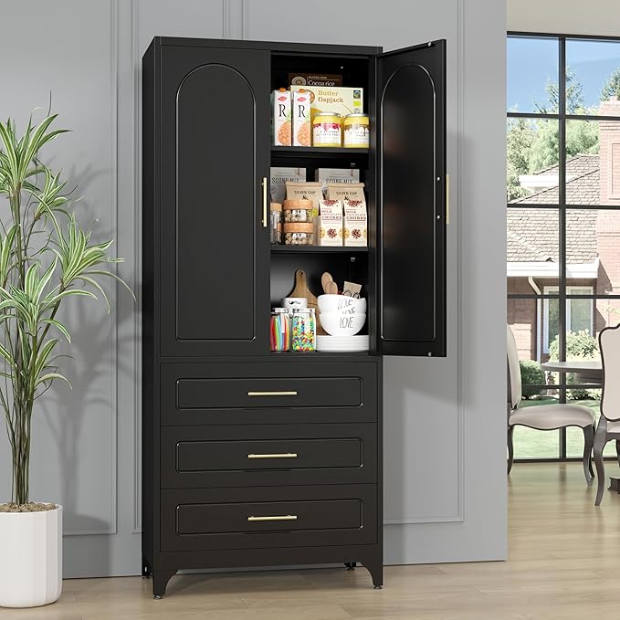 Metal Kitchen Pantry Storage Cabinet with 3 Drawers，75 Inch Black Food Pantry Cabinets for Kitchen Storage with 2 Adjustable Shelves,Tall Storage Cupboard for Living Room,Dining Room Office