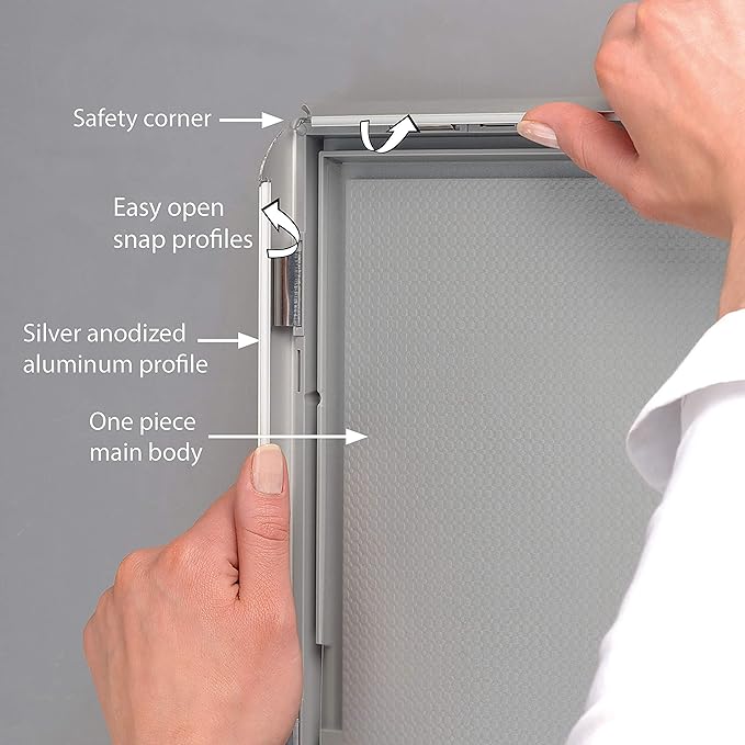 M&T Displays Opti Snap Poster Frame 11x17 Inch Silver 1" Aluminum Profile Front Loading Wall Mounting Photo Picture Document Certificate Sign Holder Mitered Corner Anti Glare Cover (500 pack)