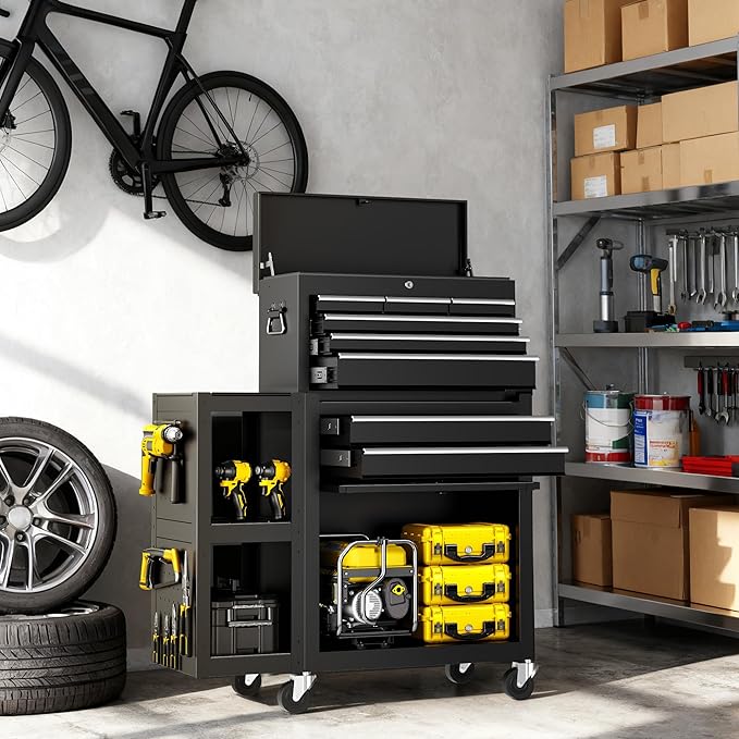 SILVEL 8-Drawers Rolling Tool Chest, Assembled Tool Box with Auto Locking System & Lockable Wheels & Sliding Drawers & Detachable Top, Tool Storage Cabinet for Garage Workshop
