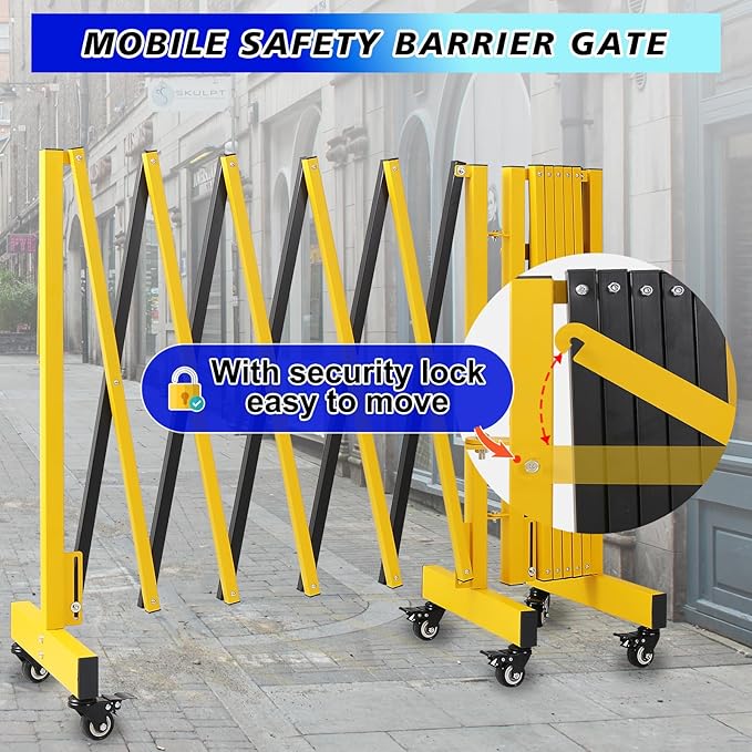12.2FT Industrial Metal Expandable Barricade，Retractable Traffic Fence with Casters, Folding Security Gate，Portable Barricade Gate for Construction Area, Traffic Control, Cordon