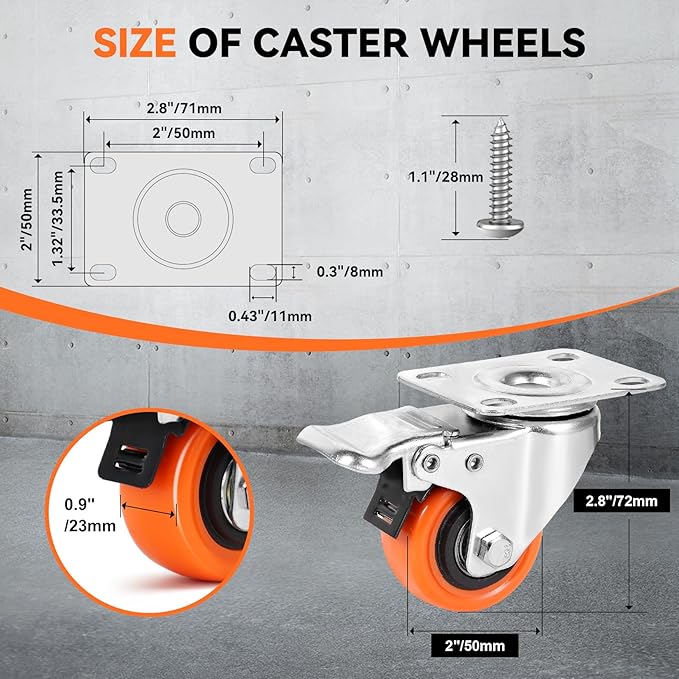 W B D WEIBIDA 2" Plate Caster Wheels Heavy Duty 600 Lbs Load Capacity Swivel Casters with Brake Set of 4, Safety Dual Locking, No Noise Wheels for Furniture, Carts (Screws and Screwdriver)