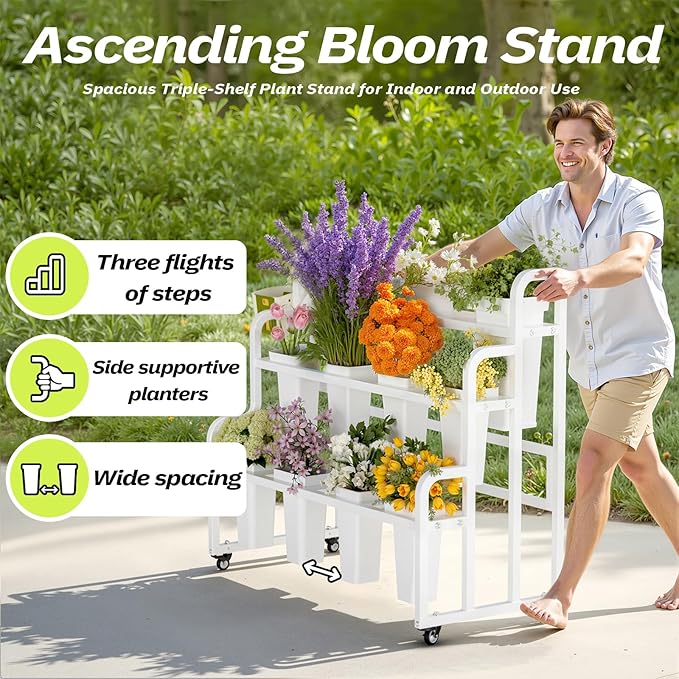 Flower Display Stand with 11 Buckets, Moving Florist Bouquet Shelf, Upgrade 360° Swivel Wheels and Brake, Flower Cart 3 Layers for Indoor, Outdoor Patio Garden, Living Room, Florist (White)