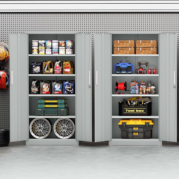 Incbruce 72” Metal Storage Cabinet, Locking Steel Storage Cabinets with 2 Doors and 4 Adjustable Shelves, Tall Lockable Tool Storages for Garage, Home, Office (Grey)