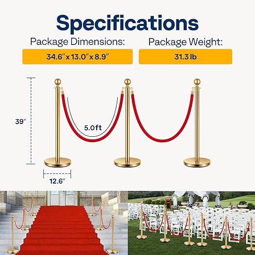 VIVOHOME Stainless Steel Stanchion Post Queue 6PCS Pole w/ 4 Red Velvet Ropes, Crowd Control Barriers w/Fillable Base for High-end Venues, Museums, Party Supplies (6 Pieces, Golden)