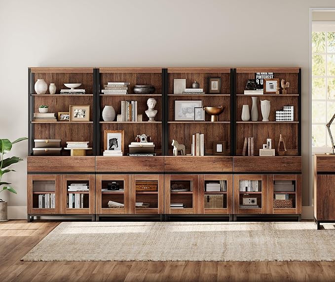 WAMPAT 4 PCS Modern 72" Tall Bookcase with 4 Drawers and Open Book Shelfs, Library Book Shelf with Storage Cabinet and Glass Doors, Wood Freestanding Bookshelves for Home Office, Living Room, Brown