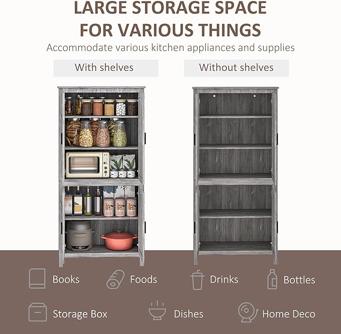 HOMCOM 64" Kitchen Pantry Cabinet, Freestanding Storage Cabinet with 4 Doors and 3 Adjustable Shelves for Dining Room, Gray Oak