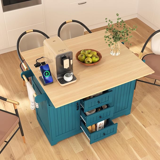 Merax 55.7" Large Kitchen Cart Island on Wheels with 2 Drop Leaf,Power Outlet,3 Drawers,Wood Cabinet for Dining Room