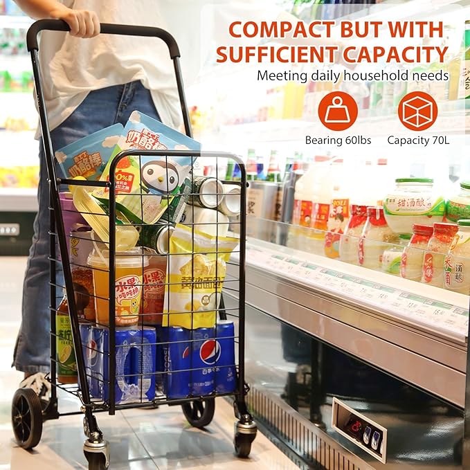 Siffler Grocery Shopping Cart with 360° Swivel Wheels Folding Utility Cart with Easily Collapsible Cart with Extended Foam Cover, Trolley for Laundry, Groceries, Travel (Black, Small)