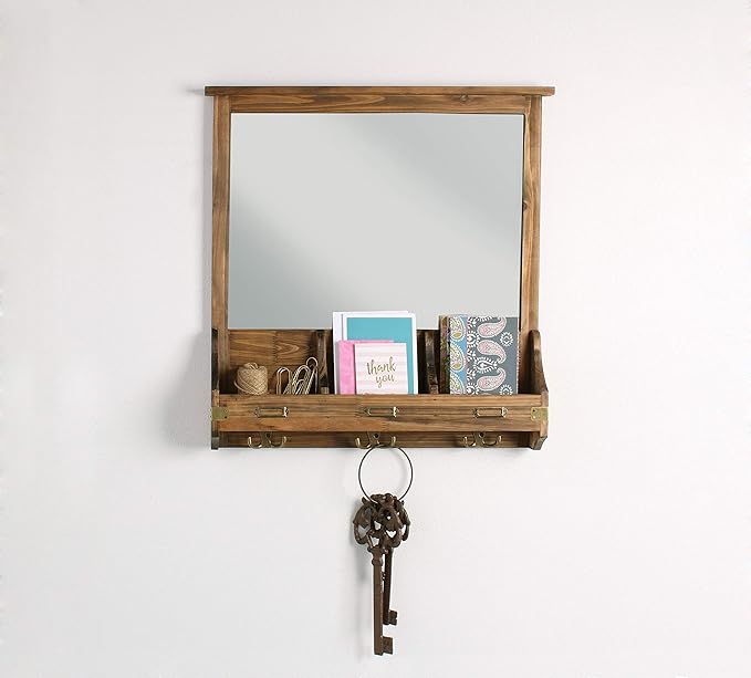 Kate and Laurel Stallard Decorative Rustic Wood Home Organizer with Mirror, Pockets, and Key Hooks, Rustic Brown