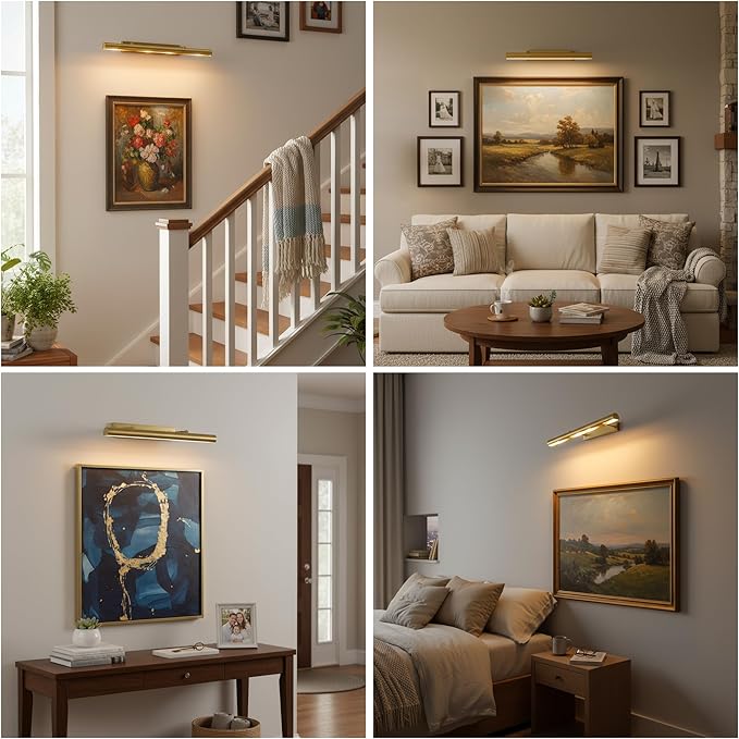 Picture Light, 30 inch Brass Picture Lights for Wall,Hardwired Brushed Gold Picture Lights,270° Rotatable Art Lights, 4-Light Picture Frame Light for Painting Display Artwork Portrait No Bulbs
