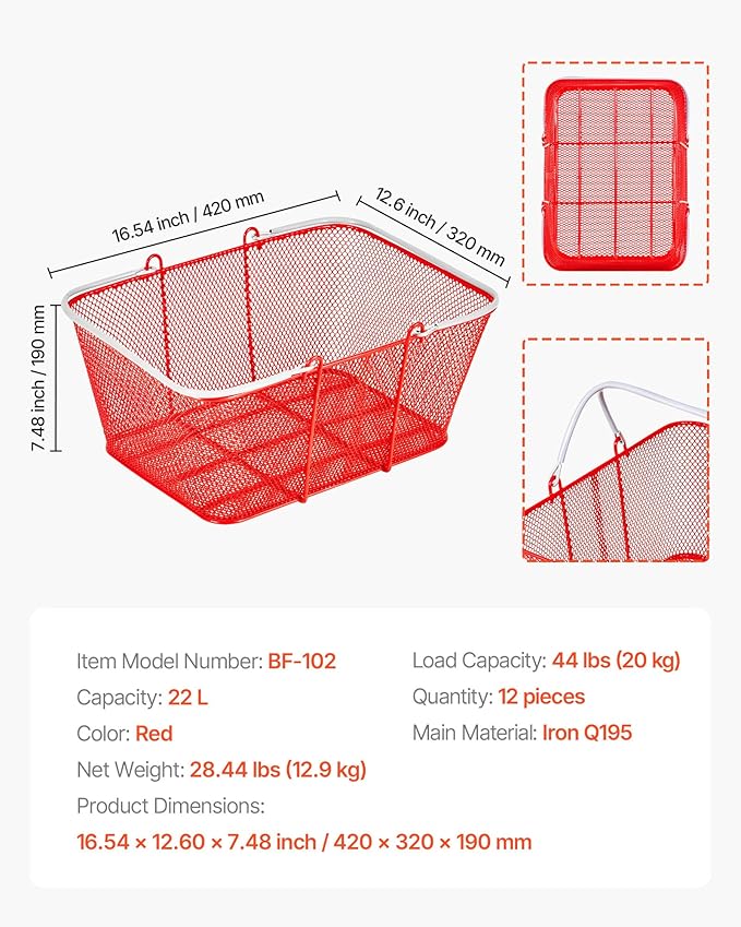 VEVOR Shopping Baskets, 12 PCS, 22L Stackable Metal Grocery Baskets with Handles, Dense Mesh Structure, Holds up to 44 lbs, Portable for Grocery, Retail, Stores, Supermarket, Bookstore, Home Use, Red