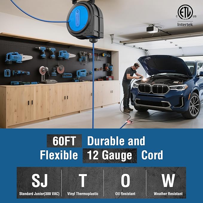 SURAIELEC 12 Gauge Extension Cord Reel, 60 FT Retractable Extension Cord, 12 AWG/3C SJTOW Heavy Duty Power Cord, 13 AMP Circuit Breaker, Lighted Triple Tap, Ceiling or Wall Mount, ETL Listed, Blue