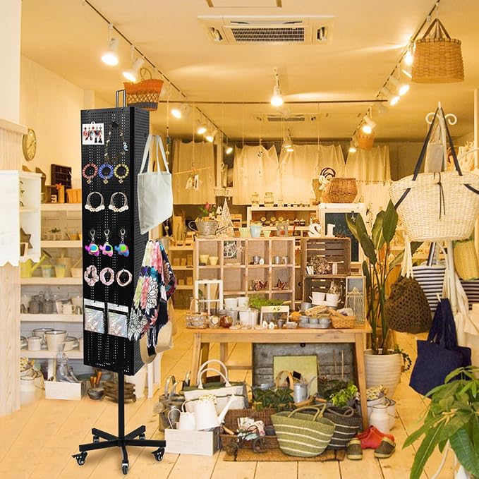 Triangular Metal Pegboard Panels Display with Base and Pole, Black Pegboard Display Stand with Wheels, Jewelry Display Rack, Art Display Stand, Extra 20 pieces Hooks