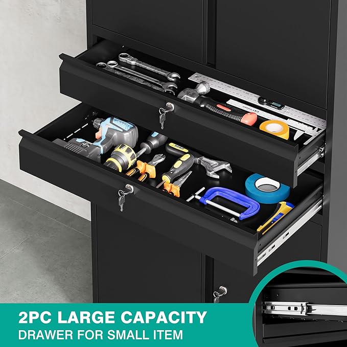 SISESOL Metal Storage Cabinet with Drawer and Locks,Black Garage Storage Cabinet with Locking Doors and Adjustable Shelves,71" Tall Large Metal Cabinets with Magnetic Door for Home,Office,Garage