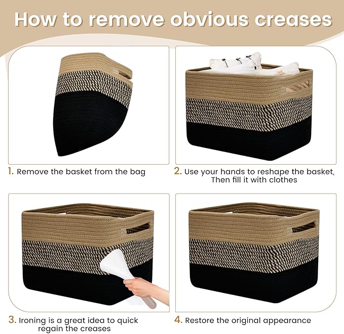 3 Pack Shelf Woven Storage Basket, Closet Rope Baskets For Organizing, 15 x 10 x 9” Square Bins with Handles, Black+Brown