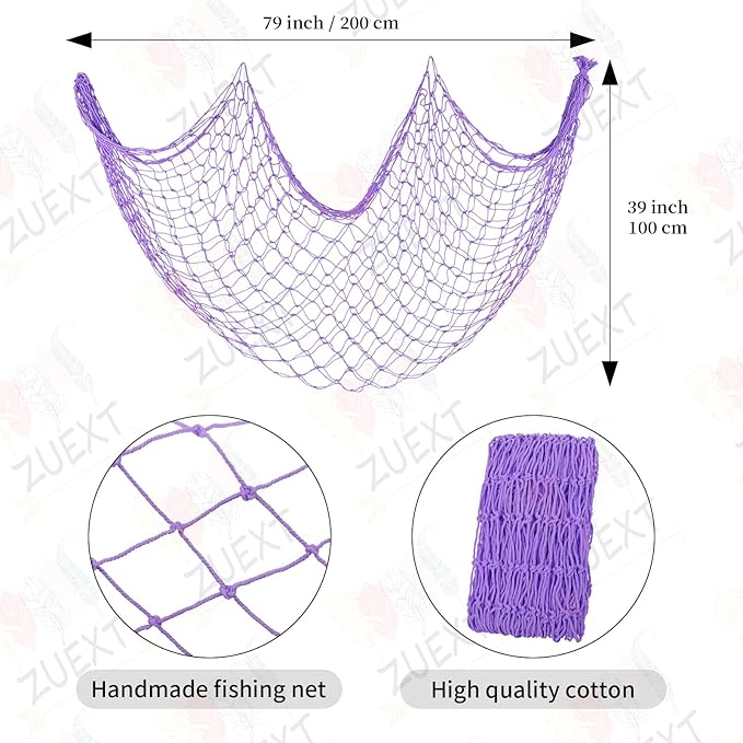 ZUEXT Purple Fishing Net Decorative 80x40 Inch, 2 Pack Large Picture Fish Net, Wall Photo Hanging Fishnet for Nautical Mermaid Pirate Ocean Themed Hawaii Beach Under The Sea Party Decoration
