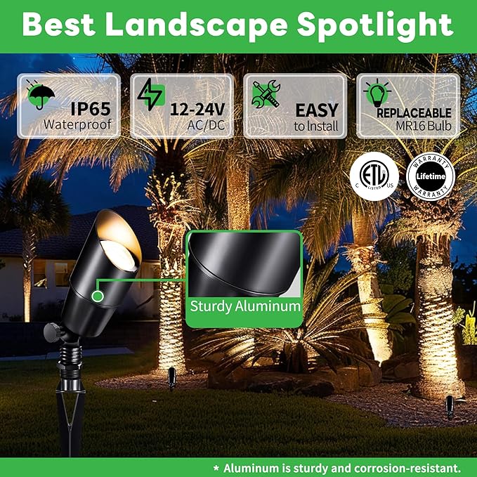 Black Outdoor LED Landscape Lights Kit, with 12 Pack 12V Low Voltage Spotlight and 250FT Cable and 40 Wire Connectors, Waterproof Aluminum Spotlights for Home Patio, Without Transformer