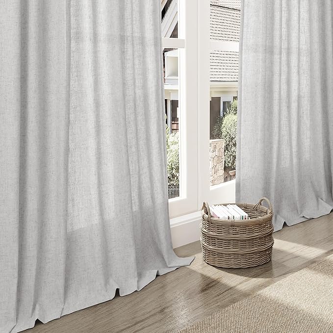 Silver Linen Curtains 96 Inches Long for Living Room Rod Back Tab Vintage Rustic Farmhouse Light Filtering Curtain Burlap Textured Linen Drapes 96 Inch Length for Dinning Room Bedroom 52x96 8 FT