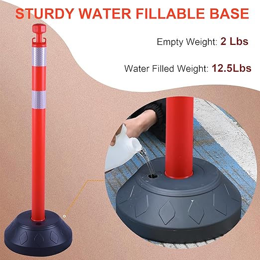 OrangeStar 6 Packs Traffic Delineator Post Cones, 40” Driveway Chain Safety Barriers with Water Fillable Base, 6 x 6.6 Ft Plastic Chains, Crowd Control Stanchion Sets for Outdoor and Indoor, Red