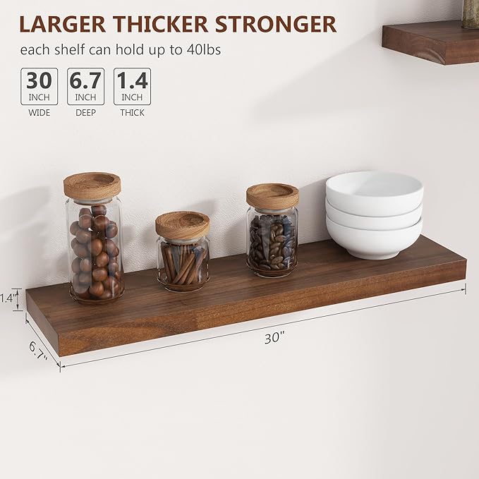 fuqing 30 Inch Floating Shelves for Wall, Rustic Wood Floating Shelves for Wall Set of 2, 30'' Long Wooden Wall Shelves for Living Room Bedroom Bathroom Home Office - Walnut