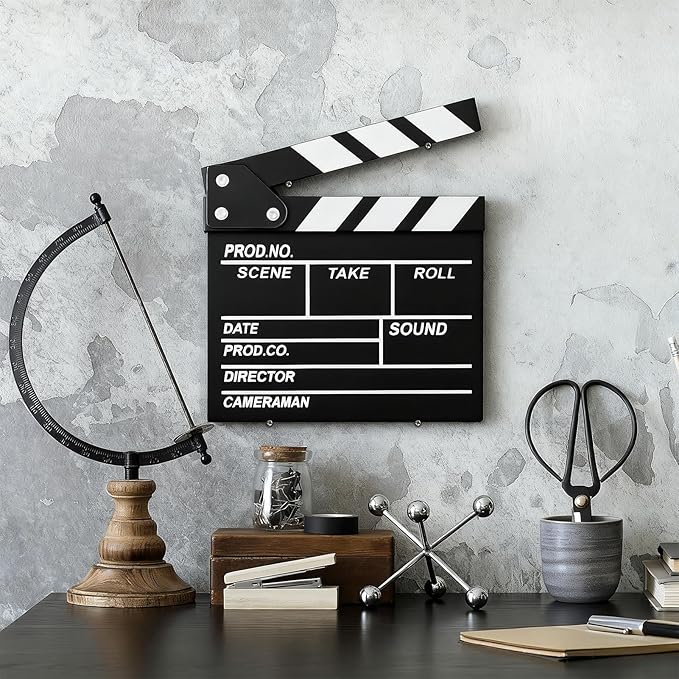 Movie Film Clapboard Hollywood Wooden-Clapper Board Directors Photography Studio Video TV Clapper Board with Erasable Pen Movie Theater Props Decor，Black Clap Board 7.8 X 7.5 inches