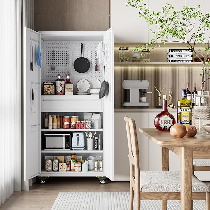 Metal Storage Cabinet with Drawers, Locking Garage Tool Cabinets on Wheels with Pegboards and Hooks for Warehouse Homes, Offices, Assembly Required