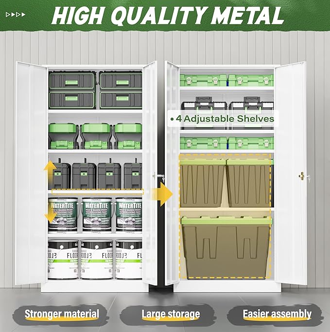 Greenvelly Metal Garage Storage Cabinet with 2 Doors and 4 Adjustable Shelves, 72”H White Steel Lockable Storage Cabinet,Tall Metal Cabinet Locking File Cabinet for Office,Home, Garage, Gym, School