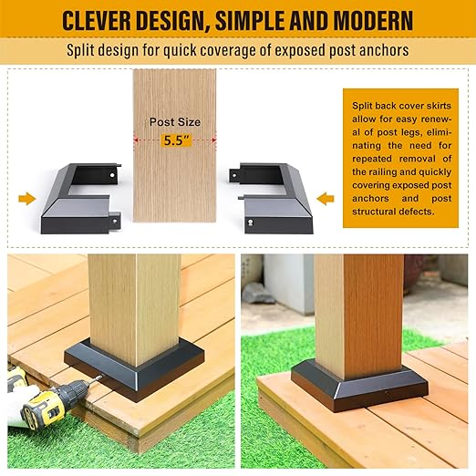 5.5"x5.5"（Actual: 5.5"x5.5"） Deck Post Base Cover Decorative Post Base Trim Skirt Black Aluminum 2Pack