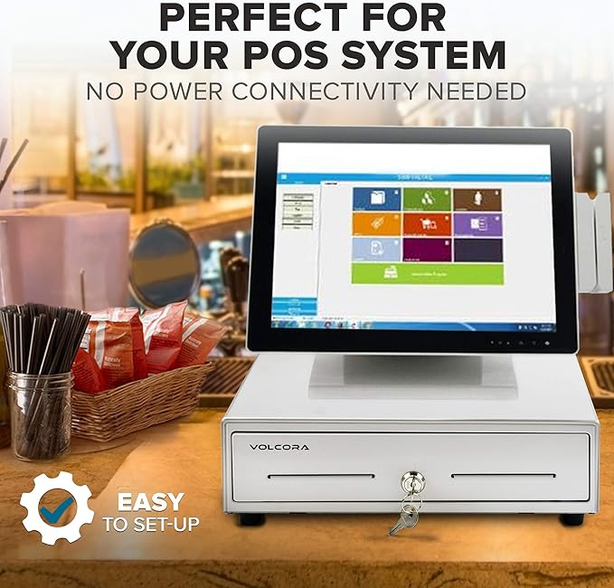 Volcora 13" Manual Push Open Cash Register Drawer for Point of Sale (POS) System, White Heavy Duty Till with 4 Bills and 5 Coin Slots, Key Lock with Removable Coin Tray and Double Media Slots