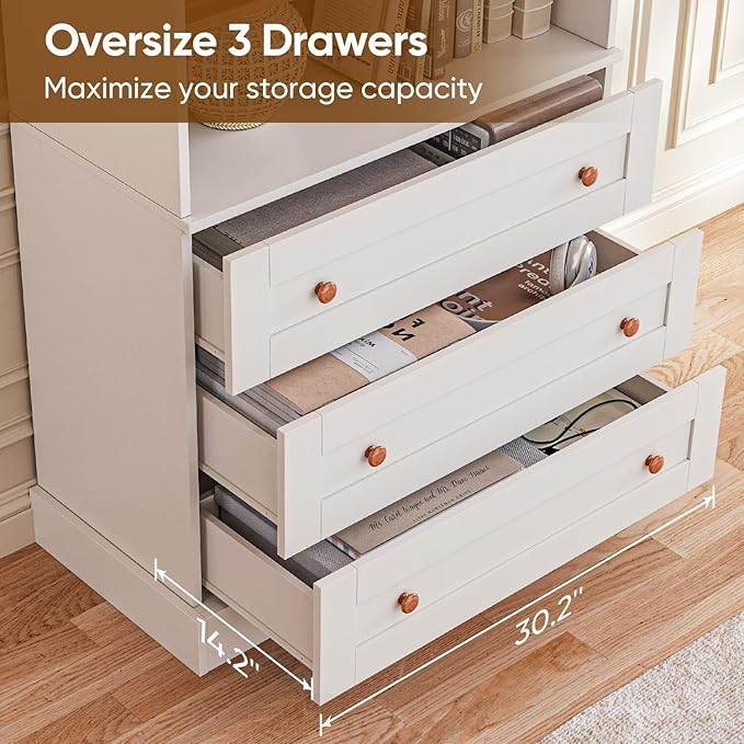 Vyre 71" Tall Farmhouse Bookshelves with Glass Doors and Drawers, Set of 2 – Large Modular Bookcase with Adjustable Shelves, Storage Cabinet for Living Room, Kitchen, White