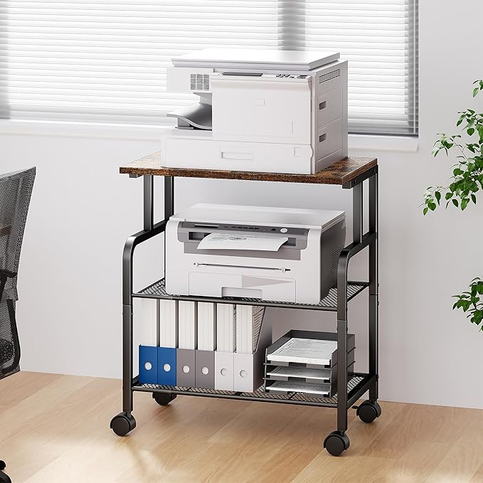 Printer Cart with Wheels, Printer Stand with Storage, Printer Table for Home Office, 3 Tier Cart with Adjustable Shelf, Supports Up to 100 Lbs, for Print, Heat Press, Scanner & Fax