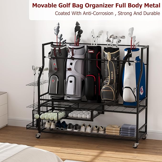 PeakPursuit Golf Bag Organizer and Storage Rack Stand Holder Fits Golf Club Bags and Multiple Golfing Equipment Accessories, Storage Rack with Drawers and Wheels for Indoor/Outdoor Garage, Clubs