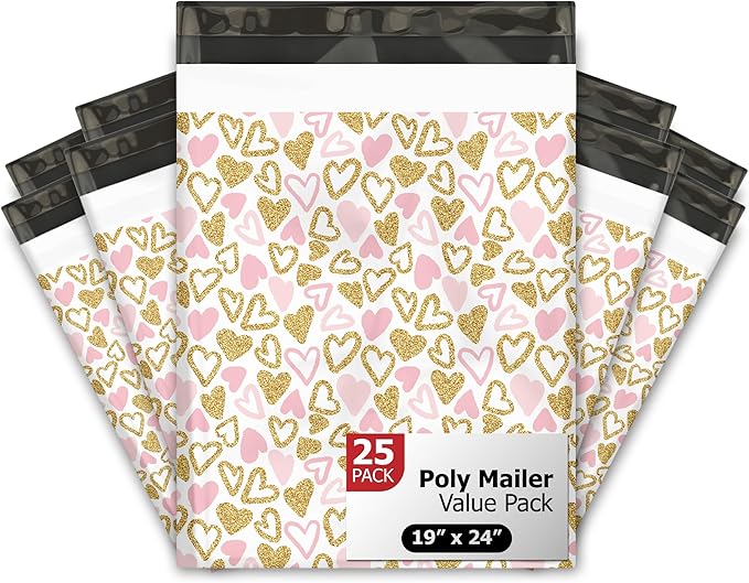 19x24 (25) Pink Hearts Designer Poly Mailers Waterproof Self Sealing Tear Resistant Polymailers Large Shipping Envelopes Premium Printed Bags For Small Businesses