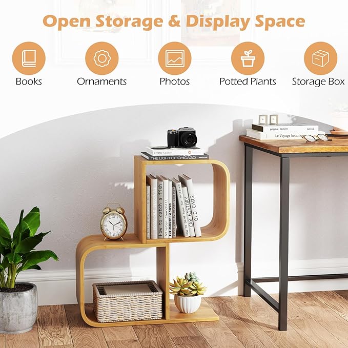 Giantex S-Shaped Bookcase, 2-Tier Bamboo Bookshelf with 2 Open Cubes, Geometric Corner Display Shelf, Decorative Storage Organizer, Floor Storage Rack for Living Room, Study, Home Office, Natural