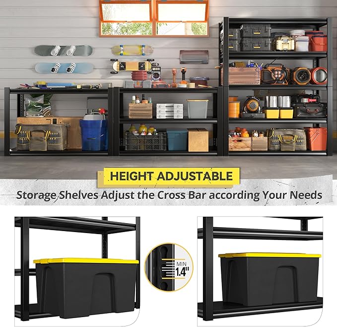 REIBII Storage Shelves Heavy Duty Garage Shelving 72" Adjustable Metal Shelves for Storage 5 Tier Garage Shelf for Kitchen Pantry Warehouse Basement, 3 Pack