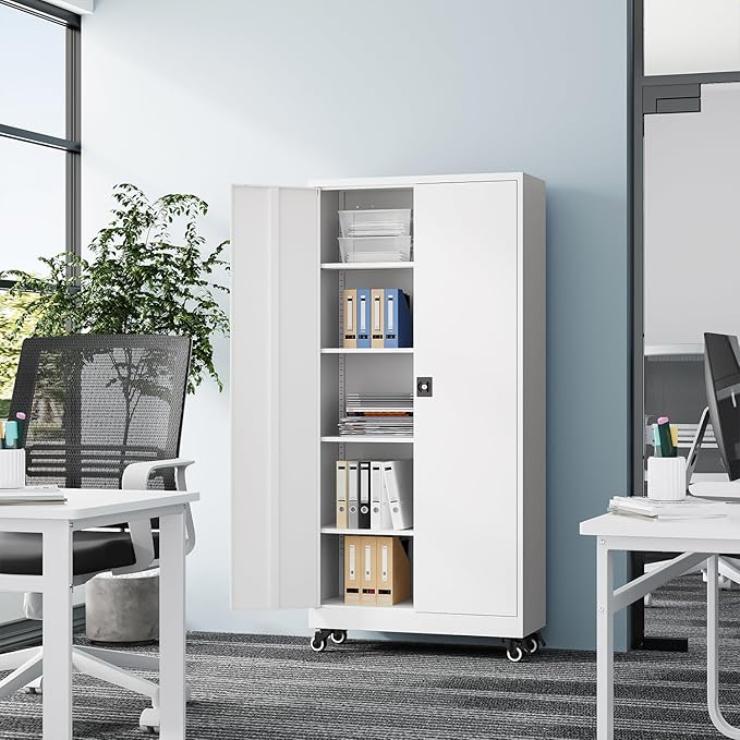 Metal Rolling Storage Cabinet-74.6” Tall Steel File Cabinets with Wheels Lockable Doors and Adjustable Shelves-White Steel Storage Cabinet for Home, School, Office, Garage